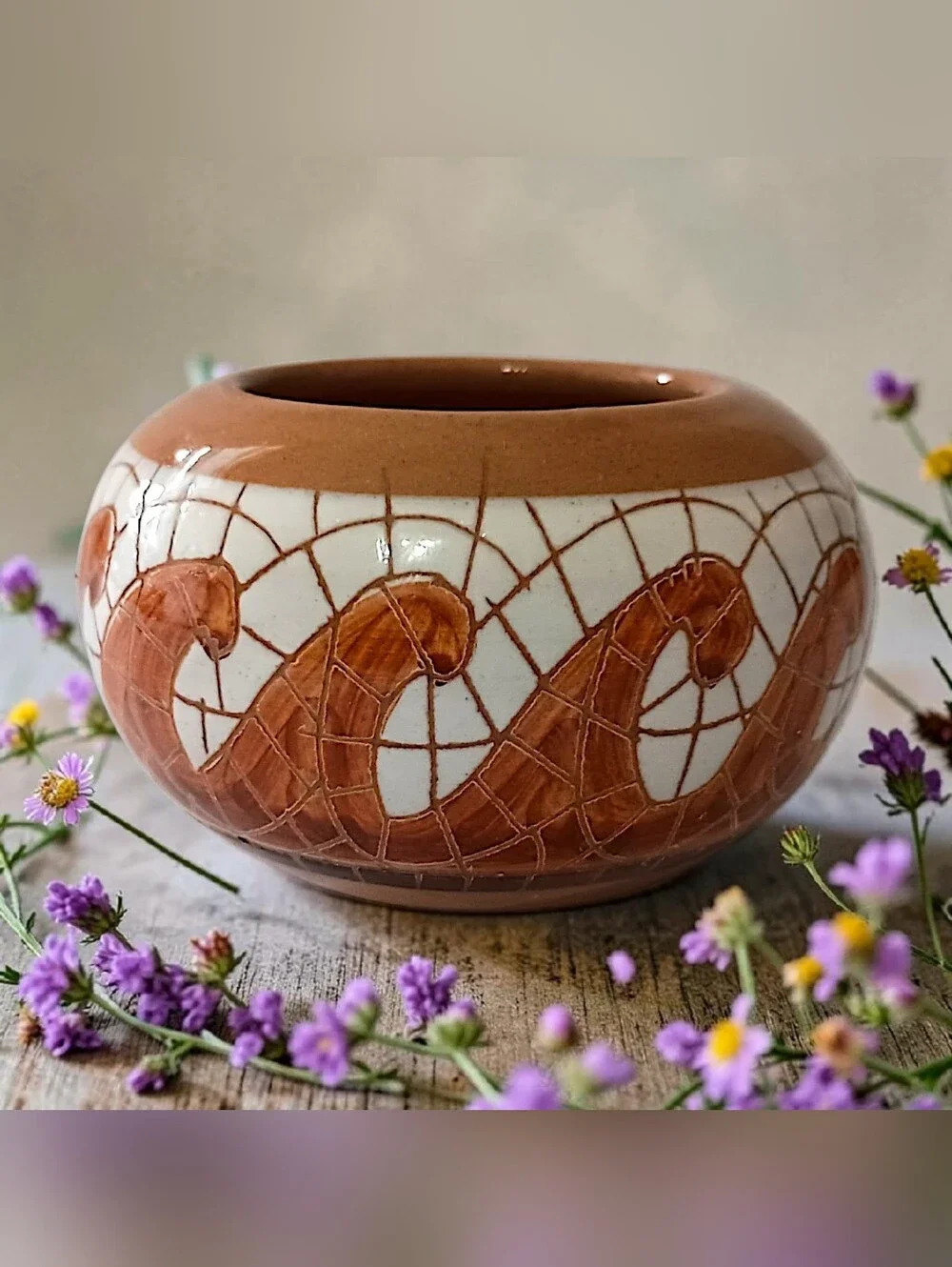 MINI Tile Affect Bowl Vase Mosaic Pottery Handmade Miniature Wave Design Glazed - Picture 15 of 16
